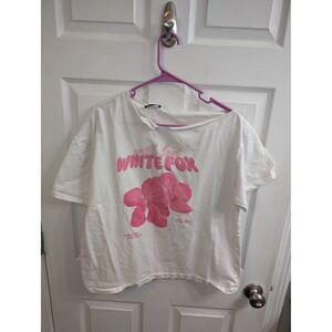 White Fox Graphic T-Shirt Women White Pink Floral Orchid - Size S/M